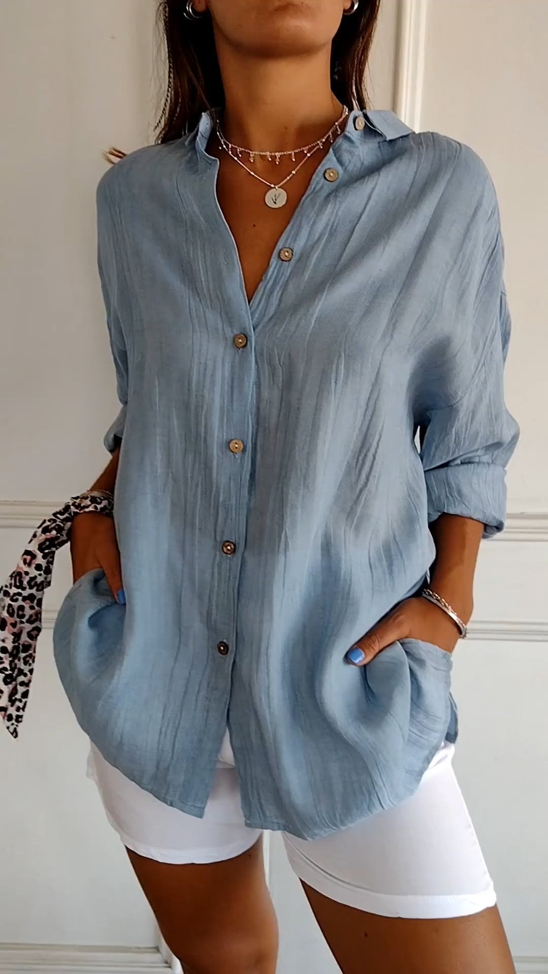 Terracotta Run | Crinkle Texture Button-Up Tunic Blouse