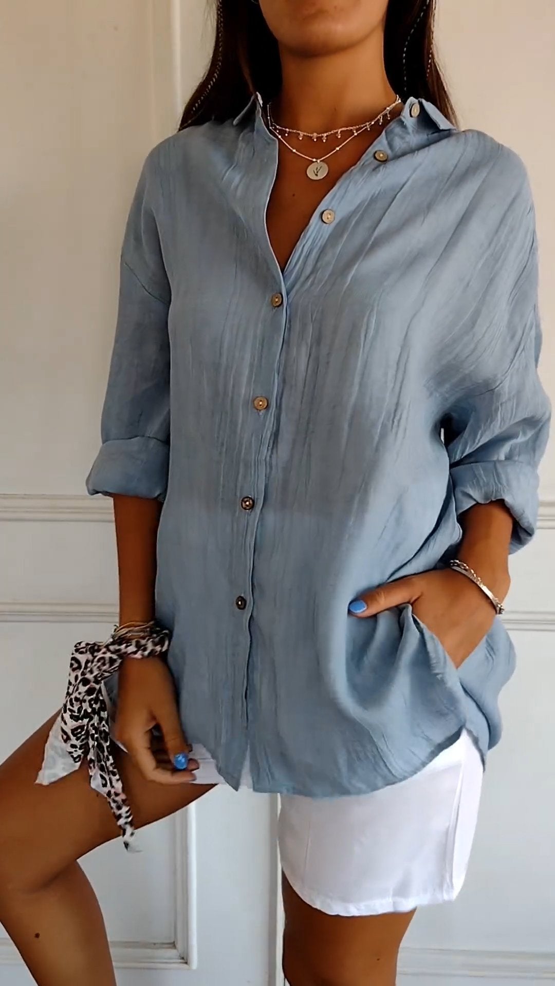 Terracotta Run | Crinkle Texture Button-Up Tunic Blouse