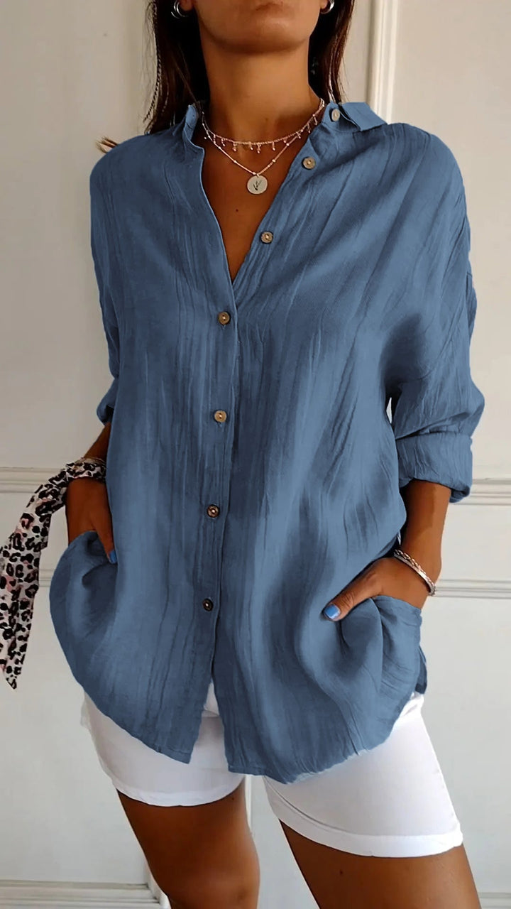 Terracotta Run | Crinkle Texture Button-Up Tunic Blouse