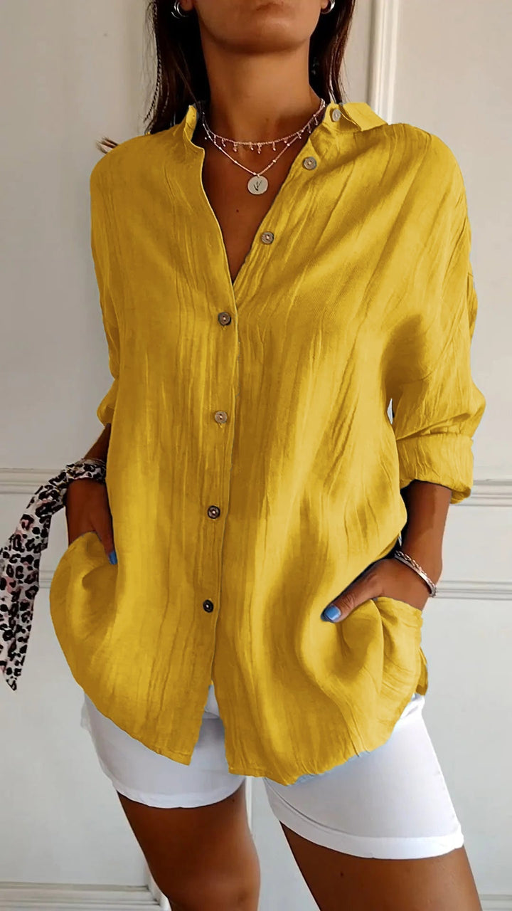 Terracotta Run | Crinkle Texture Button-Up Tunic Blouse