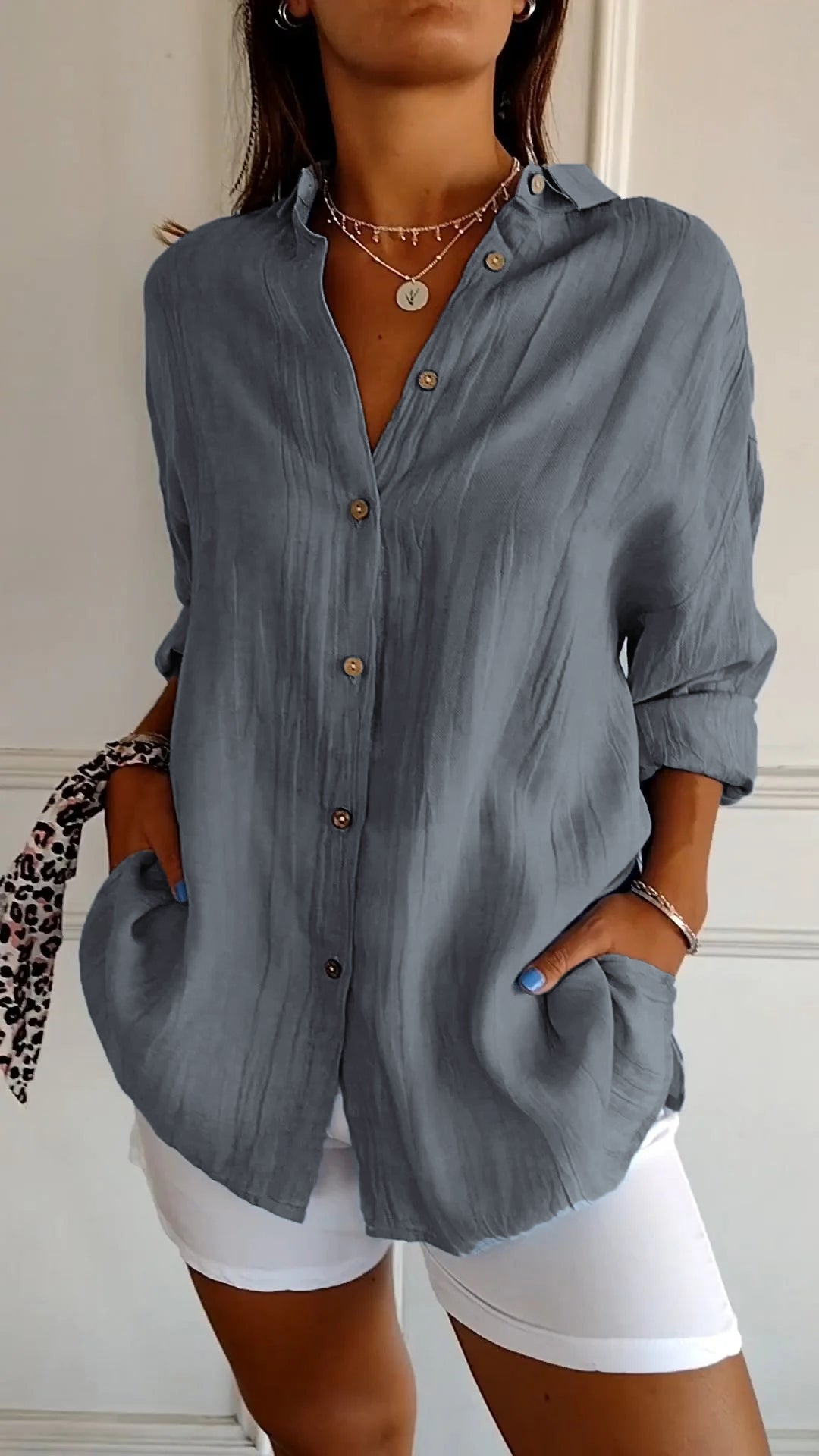 Terracotta Run | Crinkle Texture Button-Up Tunic Blouse