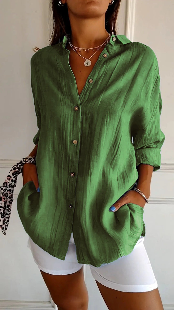 Terracotta Run | Crinkle Texture Button-Up Tunic Blouse