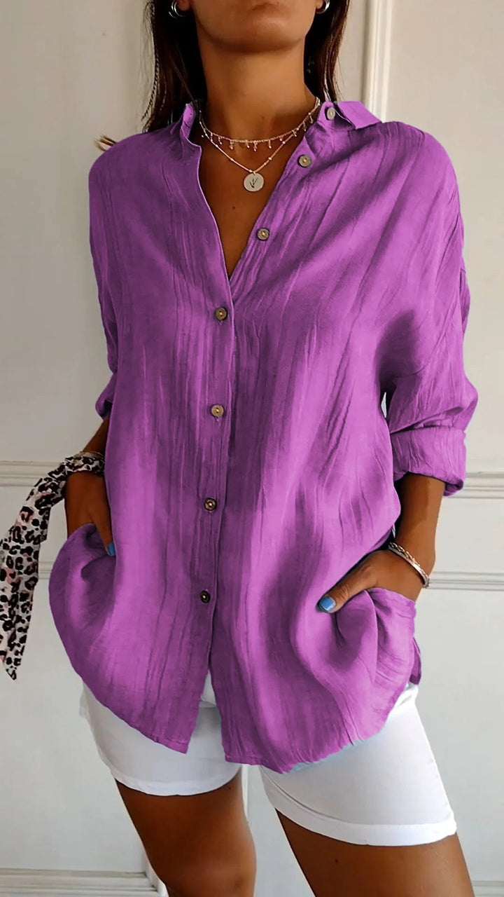 Terracotta Run | Crinkle Texture Button-Up Tunic Blouse