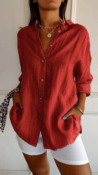 Terracotta Run | Crinkle Texture Button-Up Tunic Blouse