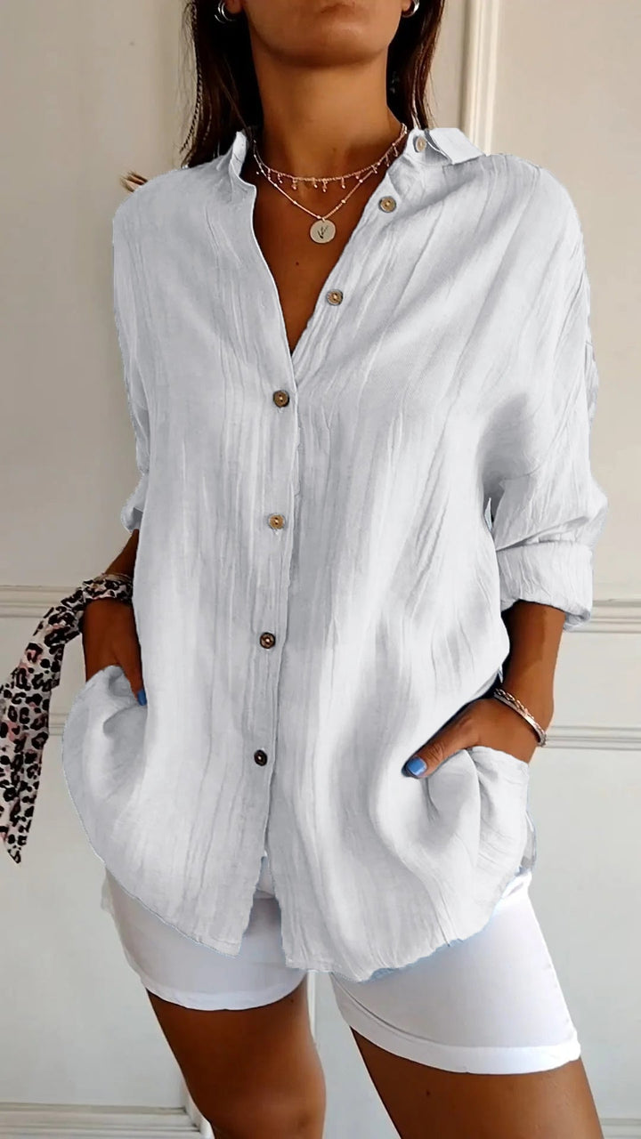 Terracotta Run | Crinkle Texture Button-Up Tunic Blouse