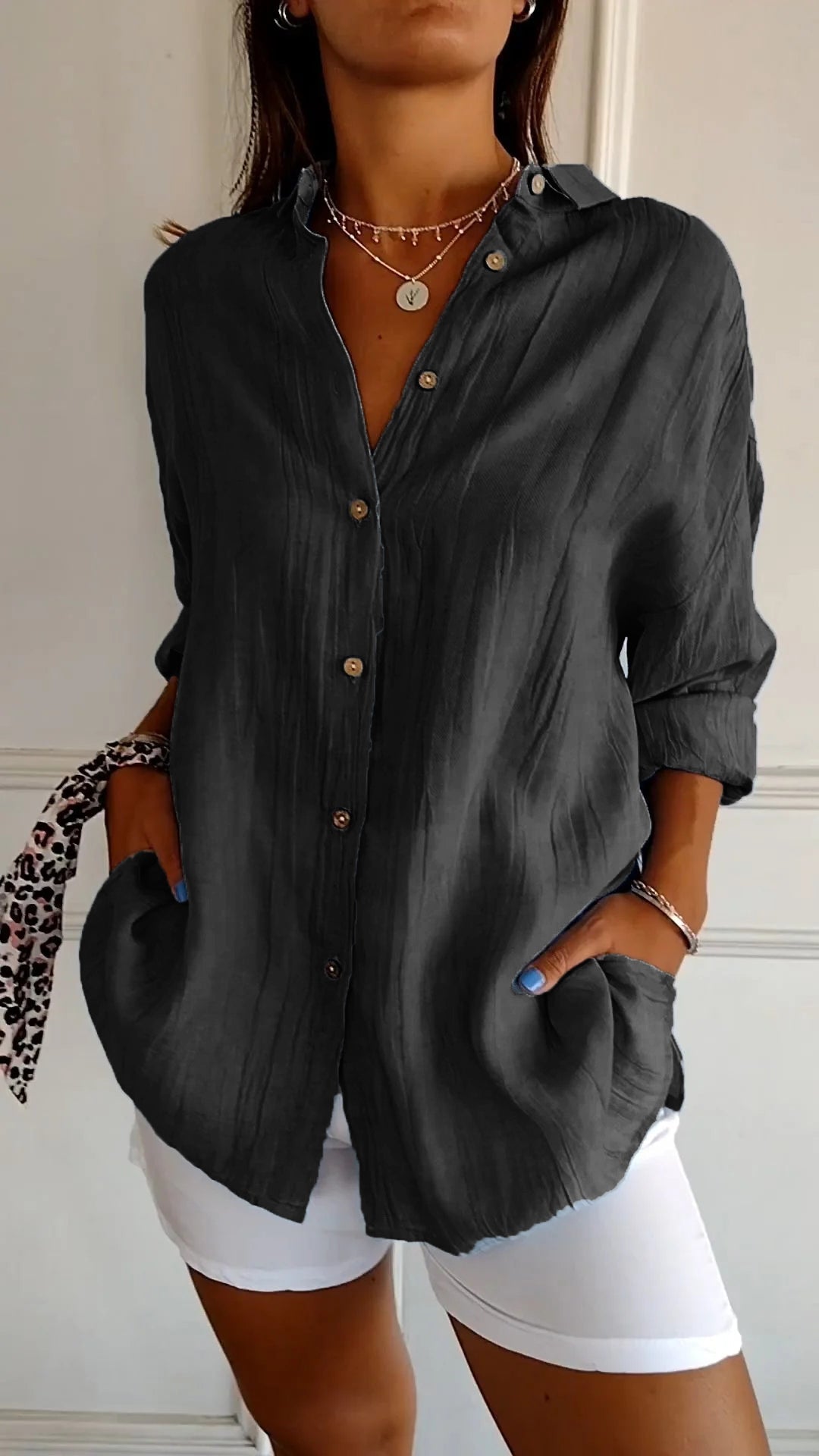 Terracotta Run | Crinkle Texture Button-Up Tunic Blouse
