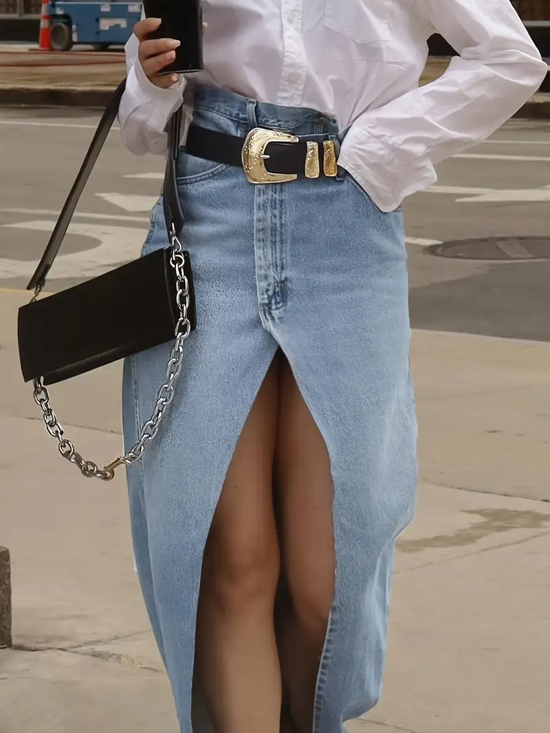 Dakota | High Waist Front Split Denim Maxi Skirt
