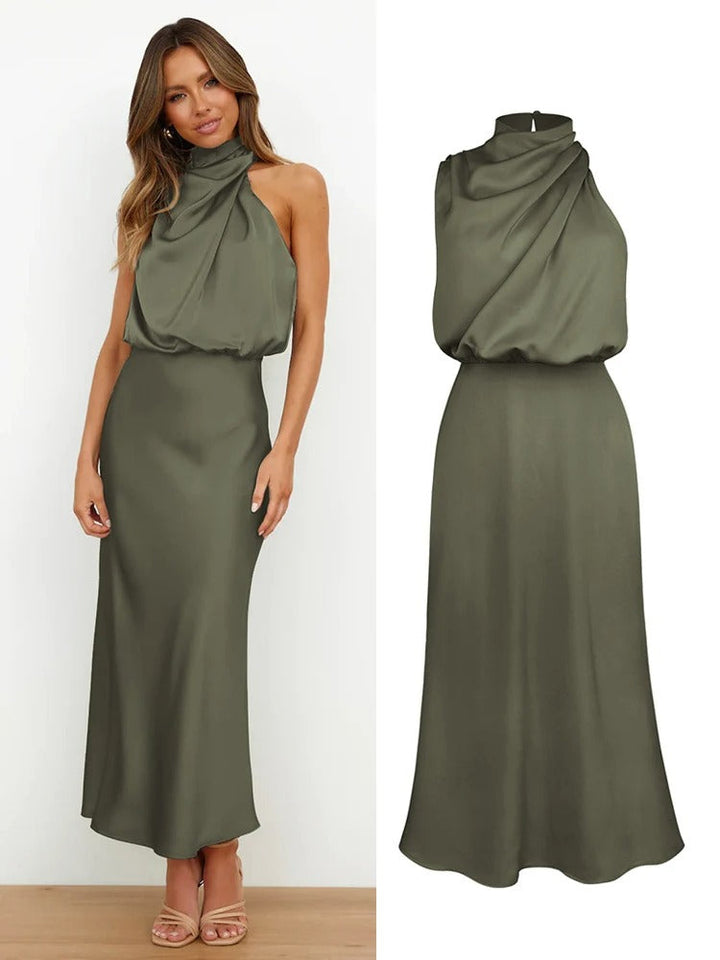Odessa | Cowl Drape Satin Halter Neck Maxi Dress