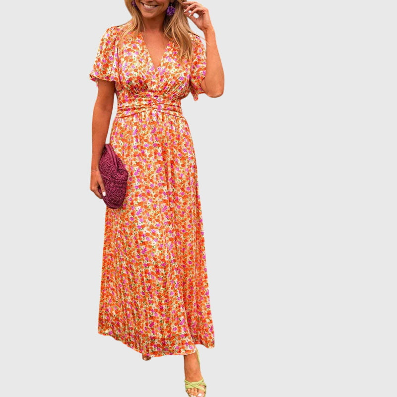 Soleil | Floral Pleated Maxi V-Neck Summer Dress