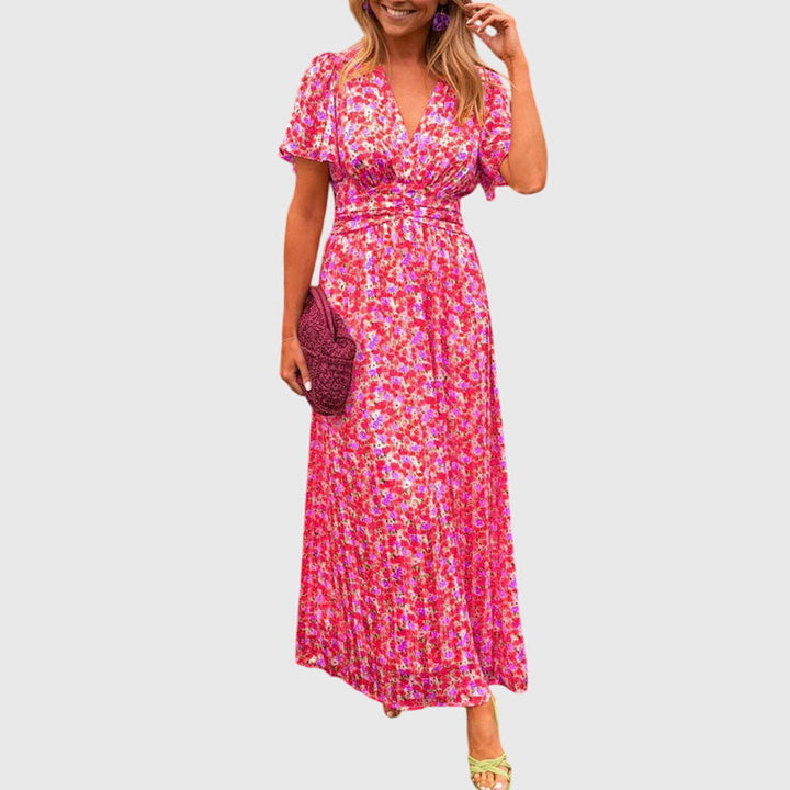 Soleil | Floral Pleated Maxi V-Neck Summer Dress