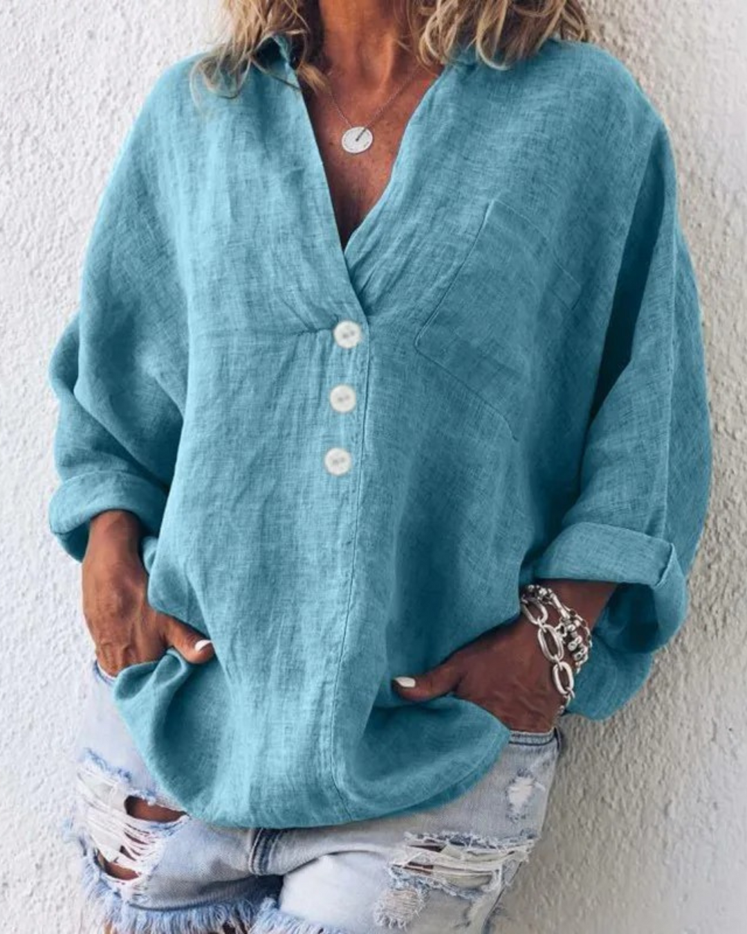 Sunkissed | V-Neck Button-Front Relaxed Linen Blouse