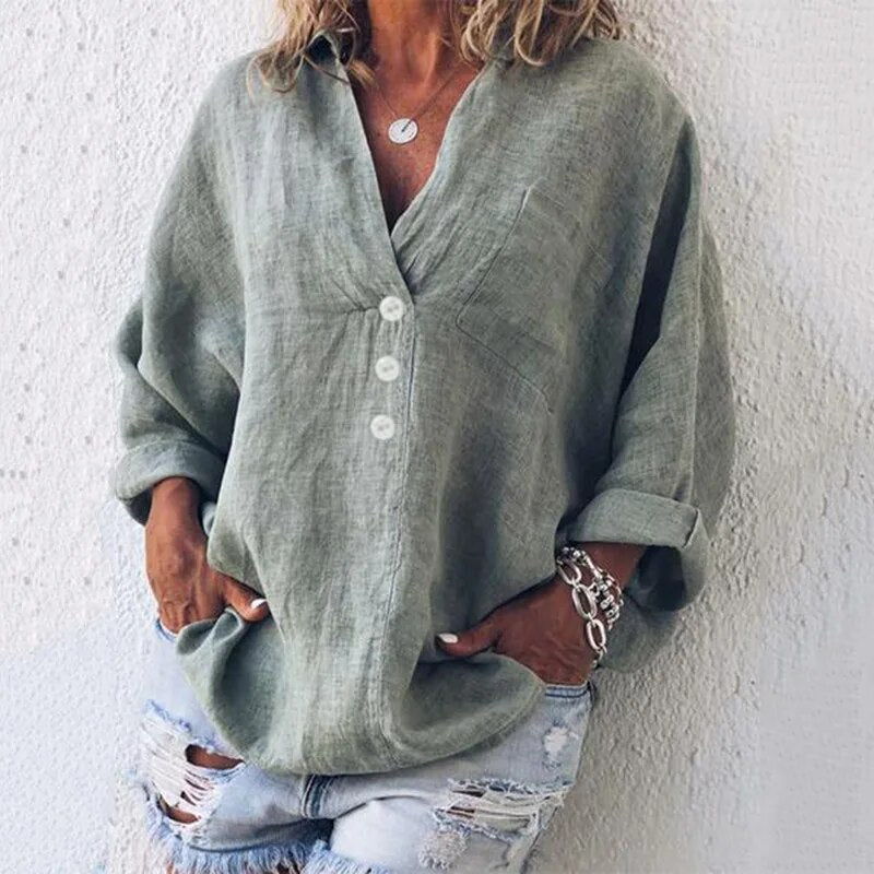 Sunkissed | V-Neck Button-Front Relaxed Linen Blouse