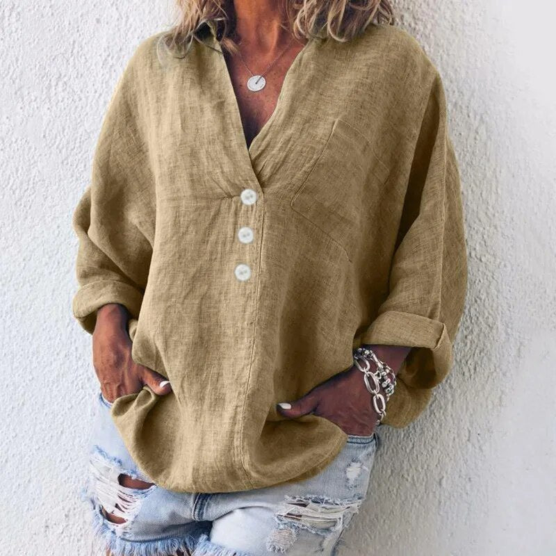Sunkissed | V-Neck Button-Front Relaxed Linen Blouse