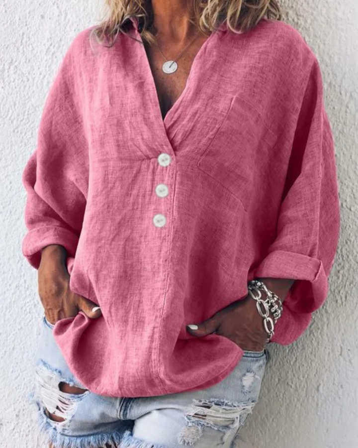 Sunkissed | V-Neck Button-Front Relaxed Linen Blouse