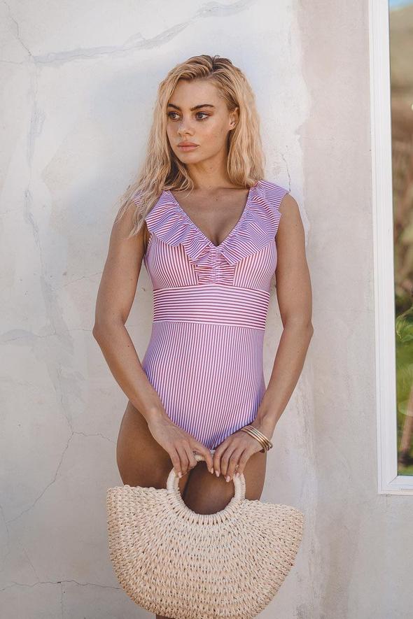 Cabana | Stripe Ruffle Shoulder One-Piece Swimsuit