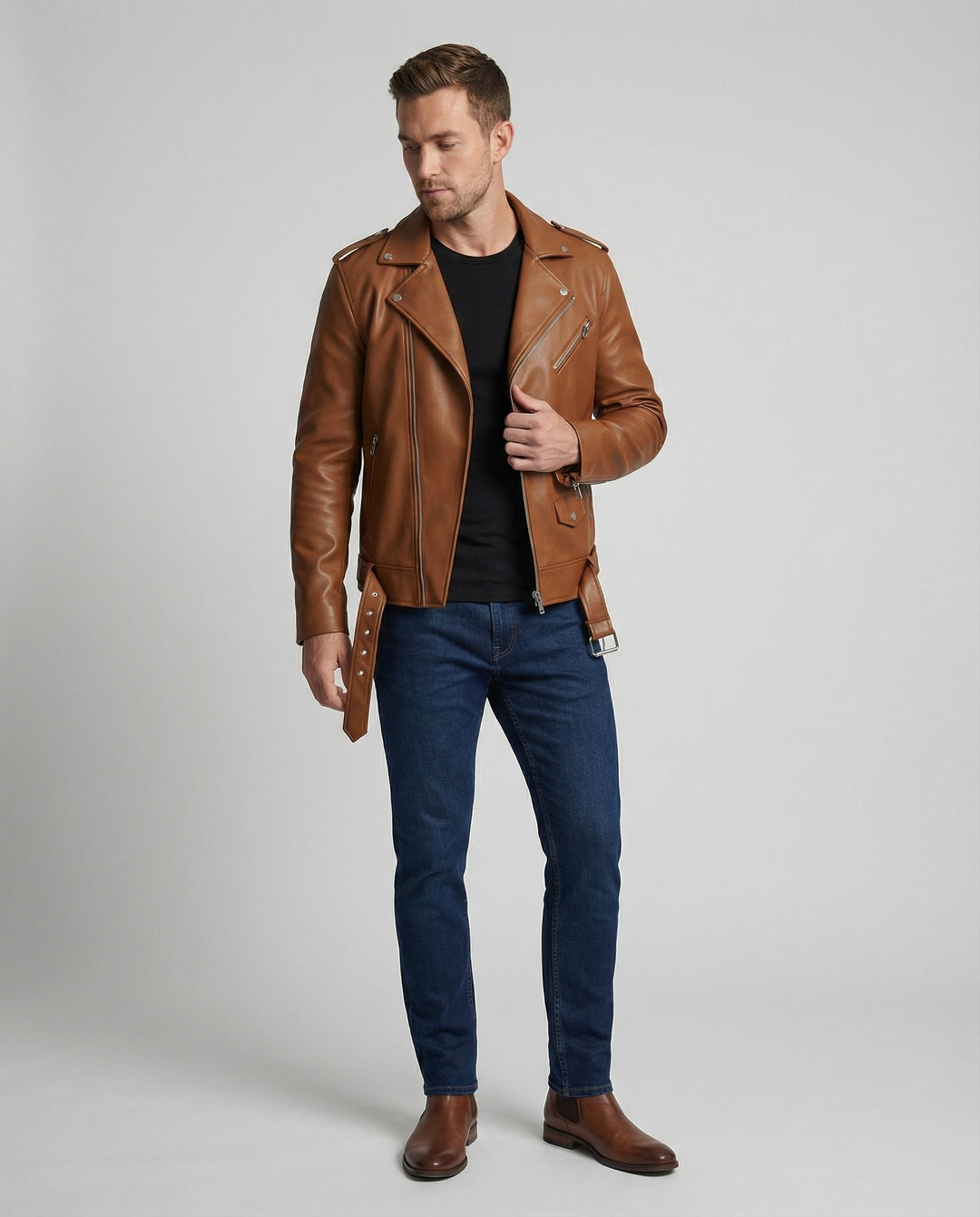 Connell | Belted Epaulette Classic Moto Men's Leather Jackets