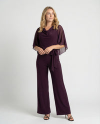 Elodie | Cowl Neck Jersey Jumpsuit with Chiffon Cape Sleeves and Belt
