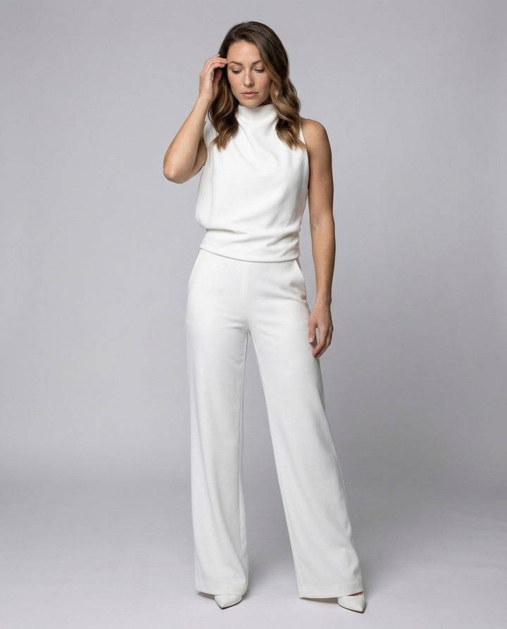 Blanche | Draped Turtleneck Sleeveless Jumpsuit with Wide Leg Trousers