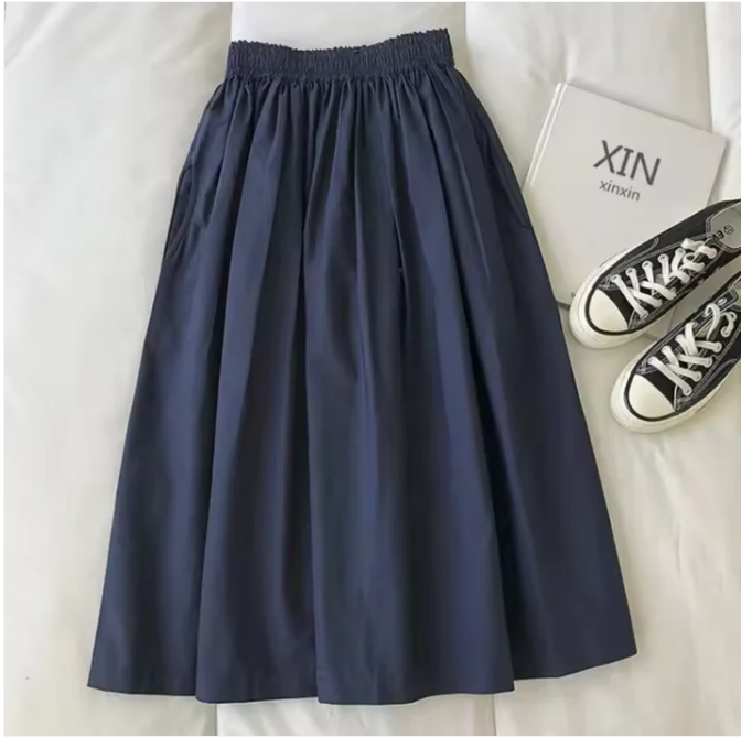 Giselle | Elastic Waist Full A-Line Cotton Midi Skirt