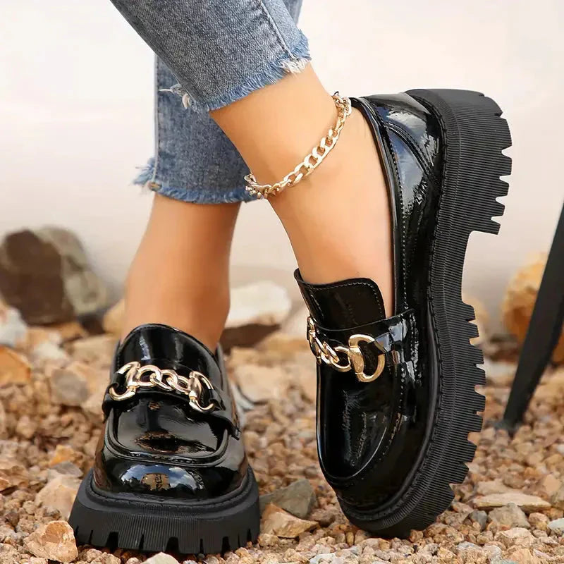 Roxanne | Women's Patent Chain Detail Platform Loafers