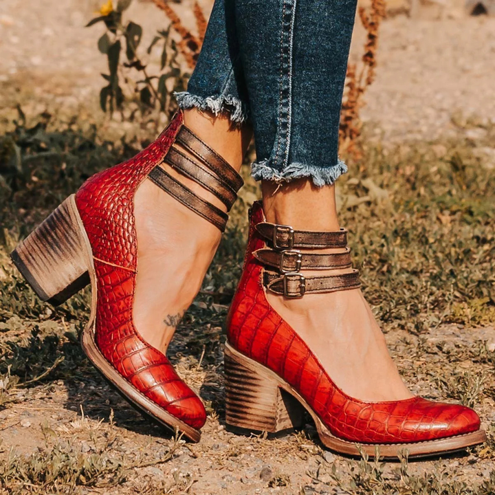 Mustang | Double Buckle Ankle Strap Stacked Block Heels