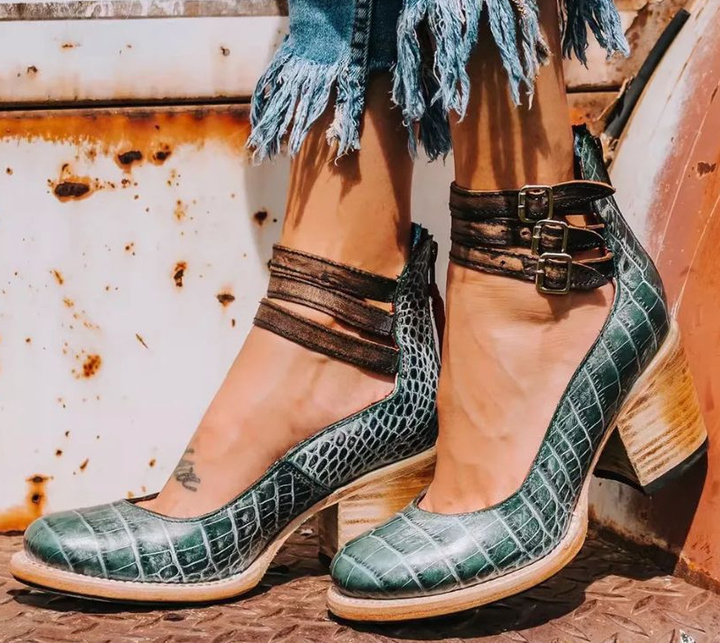 Mustang | Double Buckle Ankle Strap Stacked Block Heels