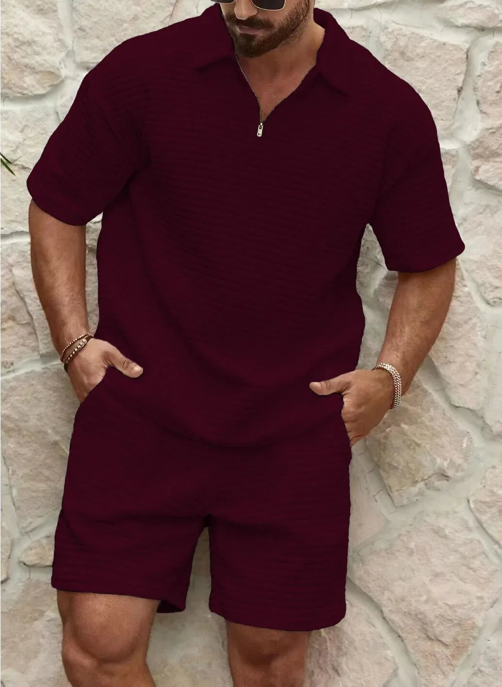 Corton | Textured Zip Polo & Shorts Sets for Men