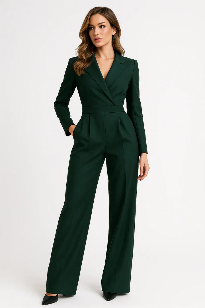 Mireille | Blazer-Style Deep V-Neck Jumpsuit with Wide Leg Trousers