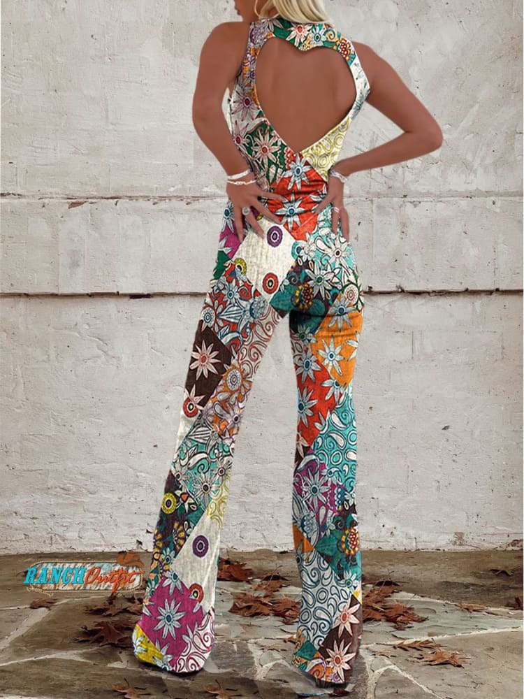 Fiesta | Patchwork Floral V-Neck Jumpsuit with Flared Leg Trousers