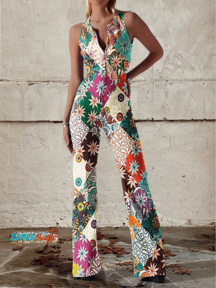 Fiesta | Patchwork Floral V-Neck Jumpsuit with Flared Leg Trousers
