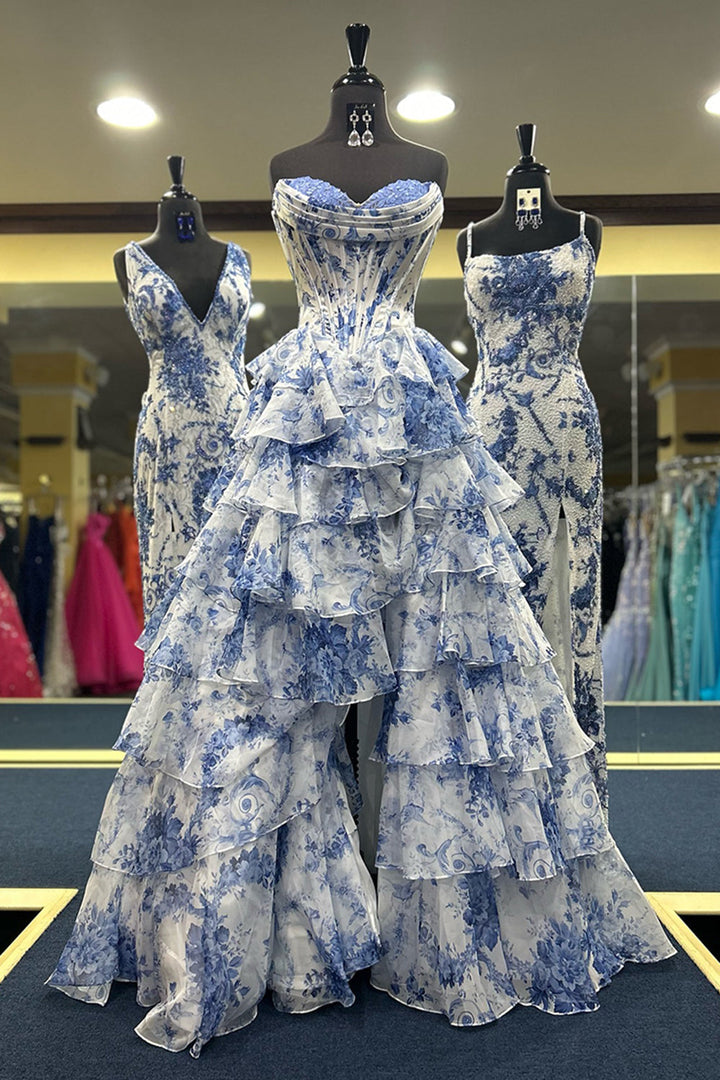 Juliette | Strapless Floral Print Corset Tiered Wedding Guest Dress