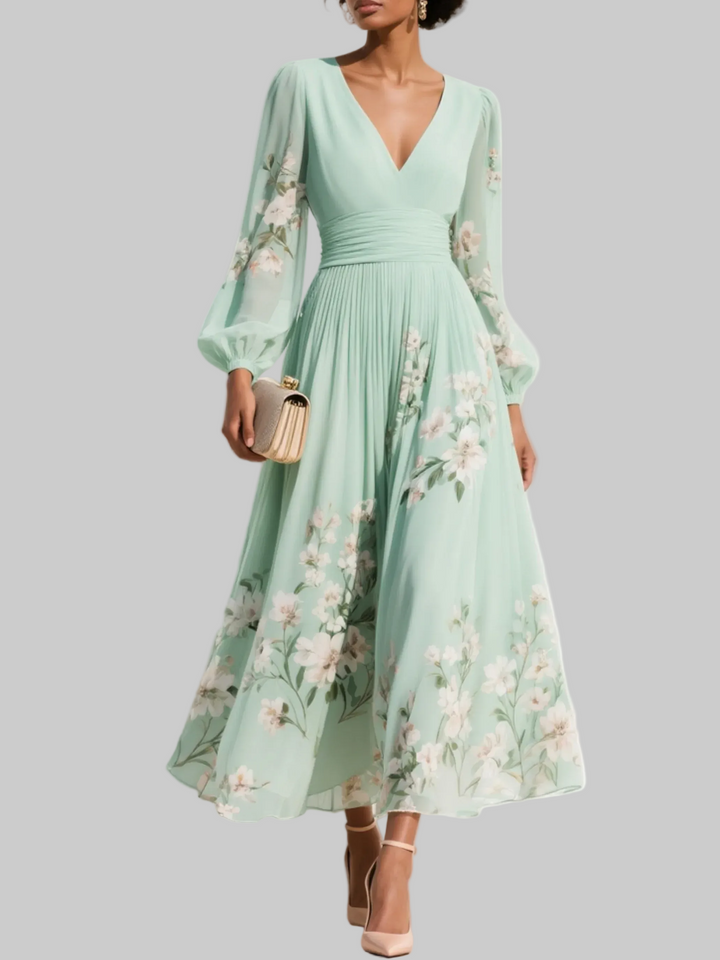 Florette | Floral Bishop-Sleeve Womens Pleated Midi Dress