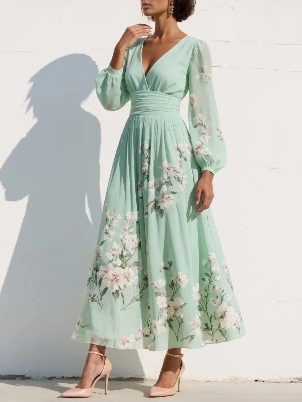 Florette | Floral Bishop-Sleeve Womens Pleated Midi Dress