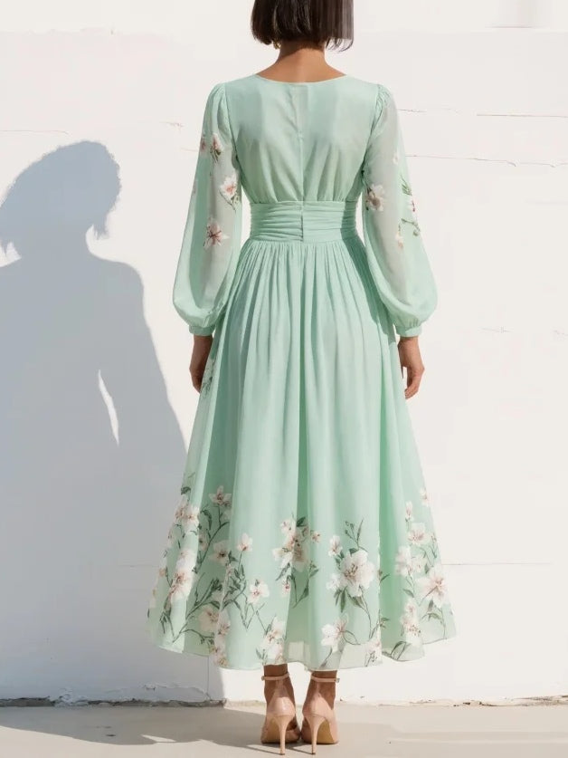 Florette | Floral Bishop-Sleeve Womens Pleated Midi Dress