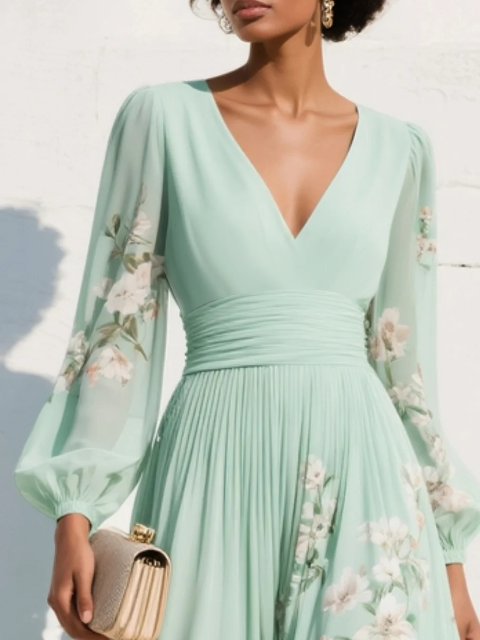 Florette | Floral Bishop-Sleeve Womens Pleated Midi Dress