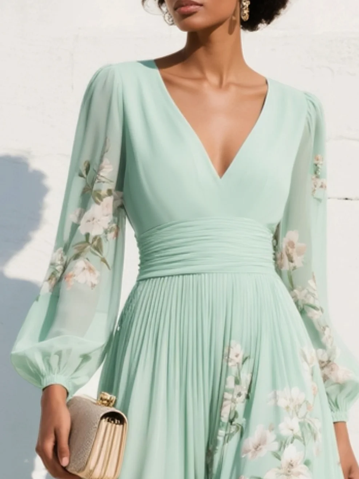 Florette | Floral Bishop-Sleeve Womens Pleated Midi Dress