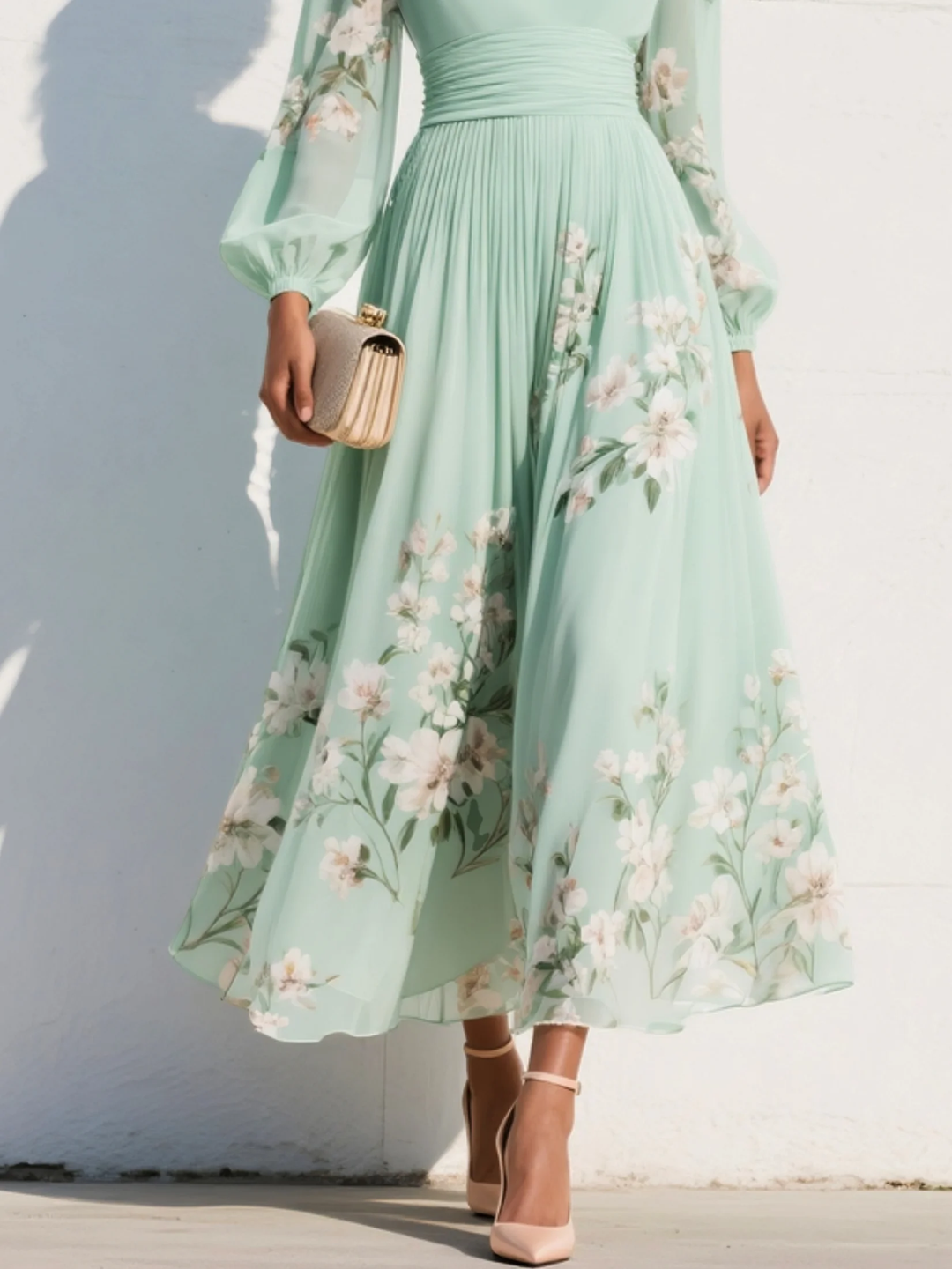 Florette | Floral Bishop-Sleeve Womens Pleated Midi Dress