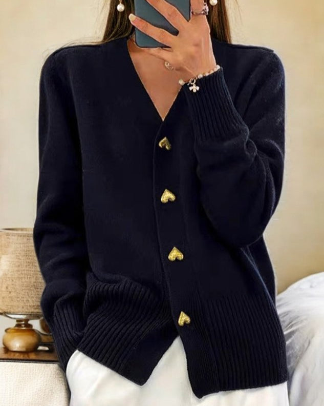 Evie | Women's Knitted Cardigan V-Neck Heart Button
