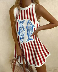 Marina | Striped Fish Print Sleeveless Summer Dress
