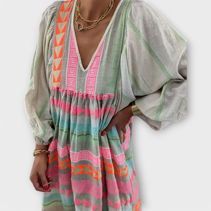 Zola | Geometric Stripe Balloon Sleeve Summer Dress