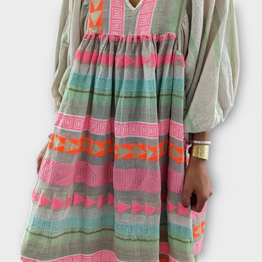 Zola | Geometric Stripe Balloon Sleeve Summer Dress