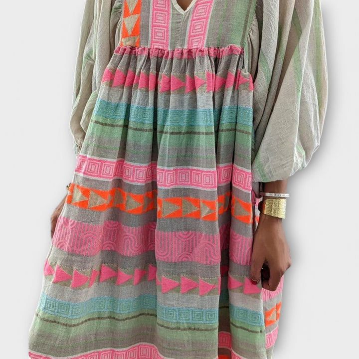 Zola | Geometric Stripe Balloon Sleeve Summer Dress