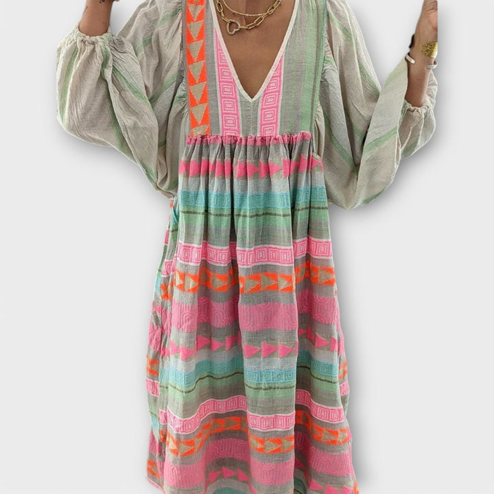 Zola | Geometric Stripe Balloon Sleeve Summer Dress