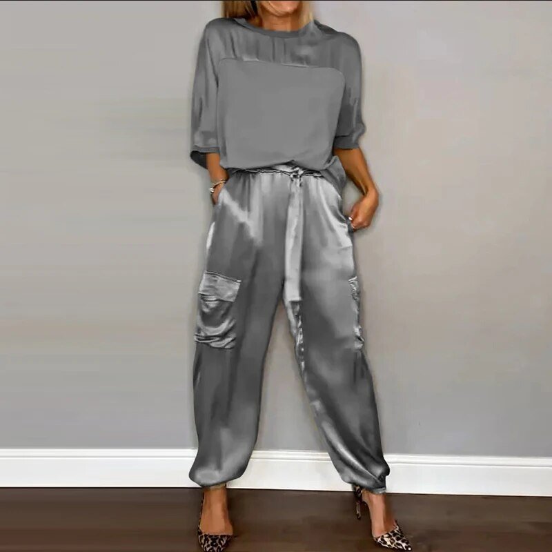 Luxette | Satin Crew Neck Top & Cargo Trouser Sets