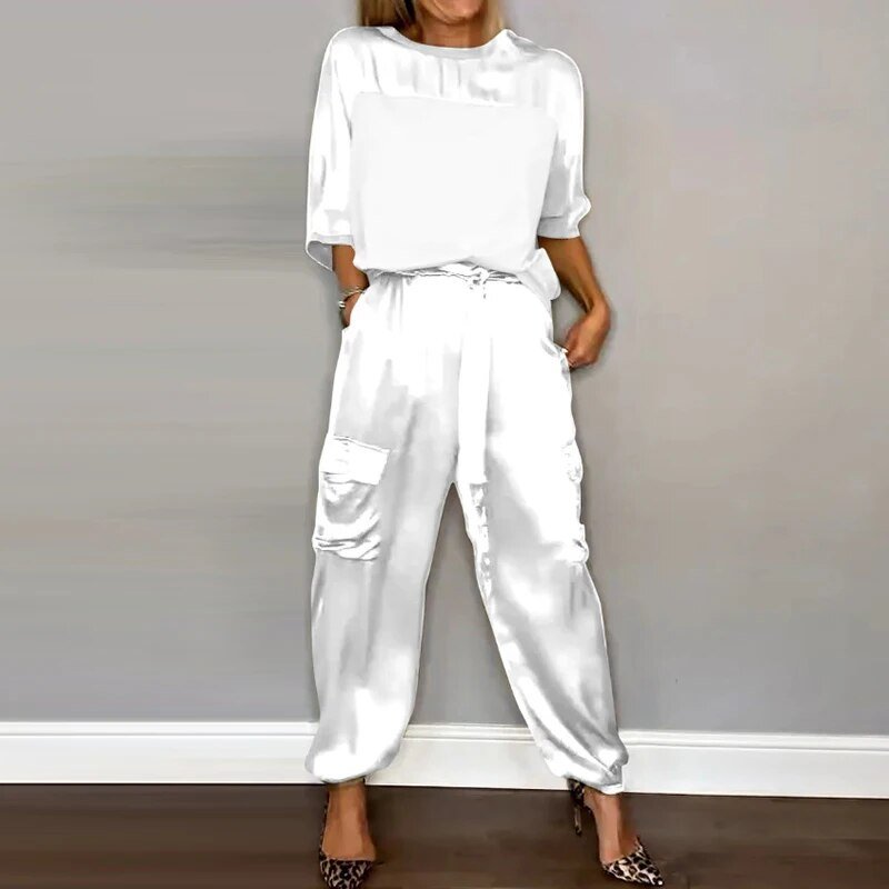 Luxette | Satin Crew Neck Top & Cargo Trouser Sets