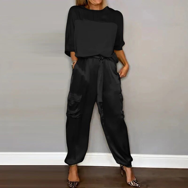 Luxette | Satin Crew Neck Top & Cargo Trouser Sets