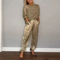 Luxette | Satin Crew Neck Top & Cargo Trouser Sets