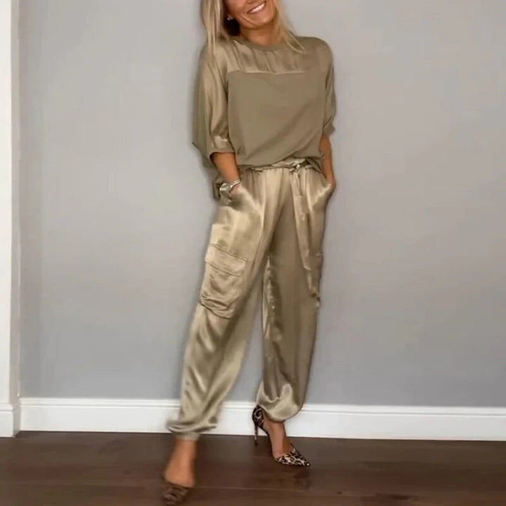 Luxette | Satin Crew Neck Top & Cargo Trouser Sets