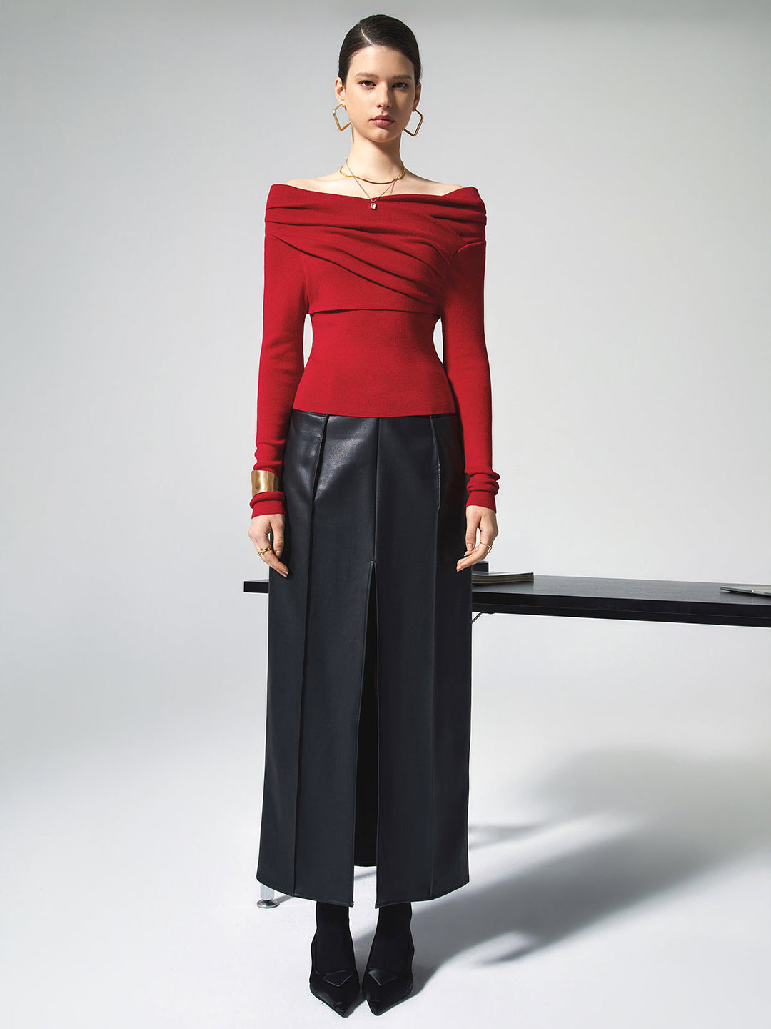 Celeste | Draped Wrap Knit Long Sleeve Off Shoulder Top
