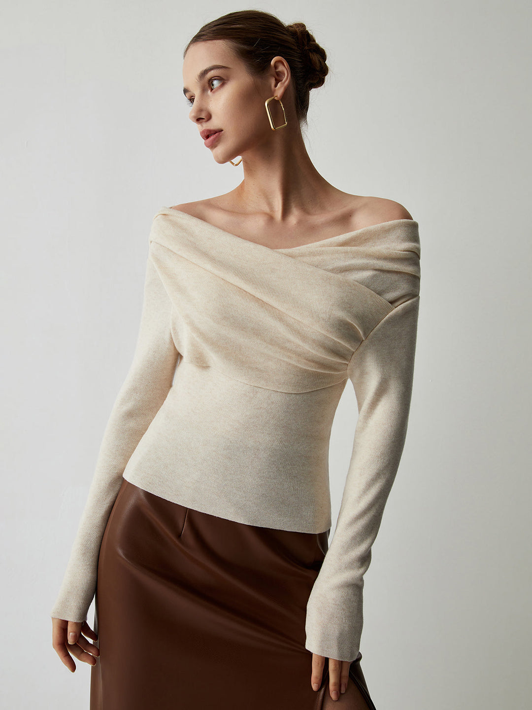 Celeste | Draped Wrap Knit Long Sleeve Off Shoulder Top
